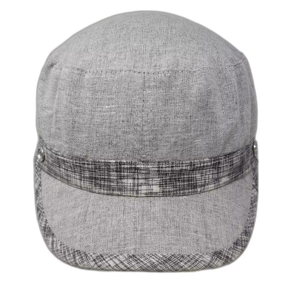 D&Y Army Cap Gray Black OS 100% Linen Elastic Back Plaid Band Side Buttons Hat